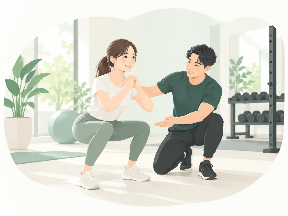 明るいジムでトレーナーからスクワット指導を受ける女性