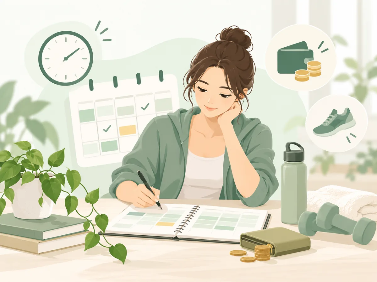 カレンダーや予算を見ながら無理のない運動習慣を計画する女性