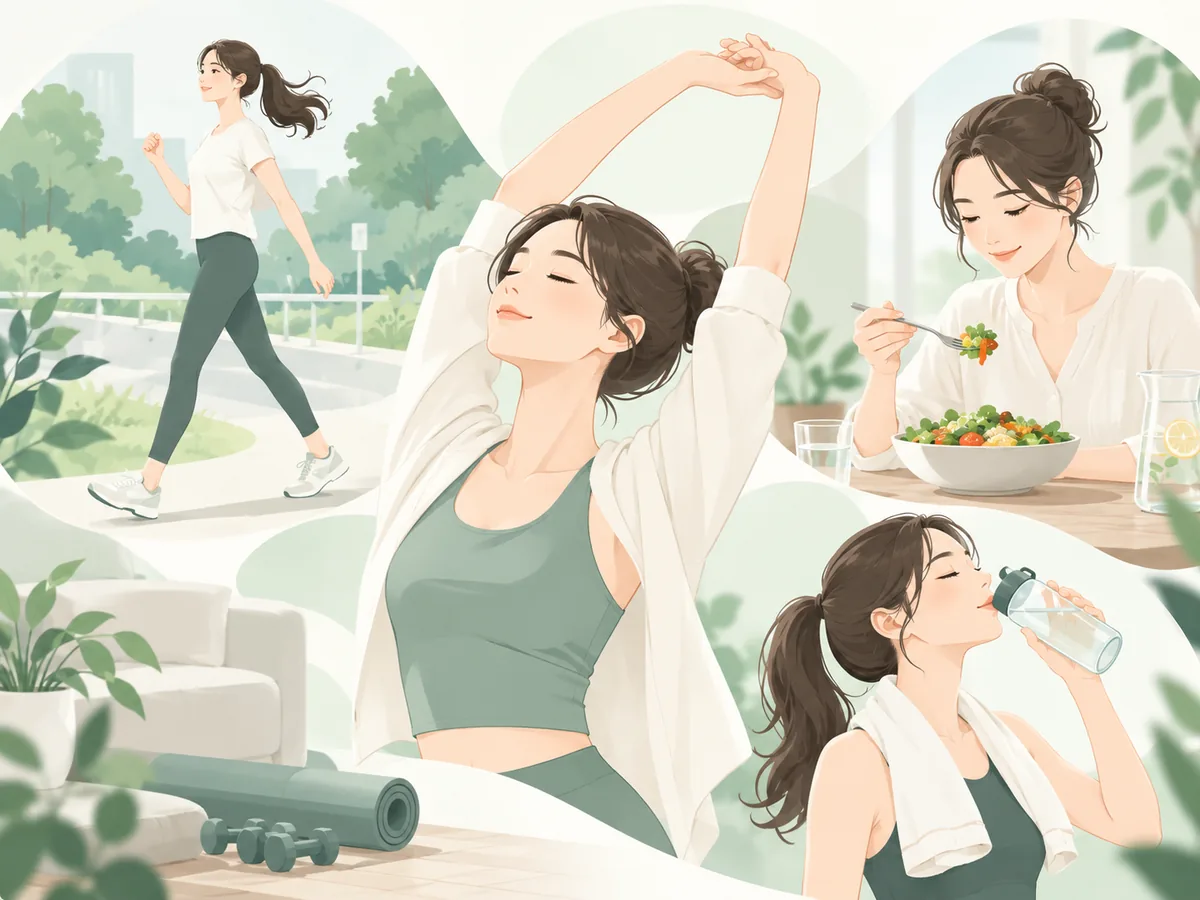 歩く、ストレッチ、食事、水分補給など健康的な生活習慣のイメージ